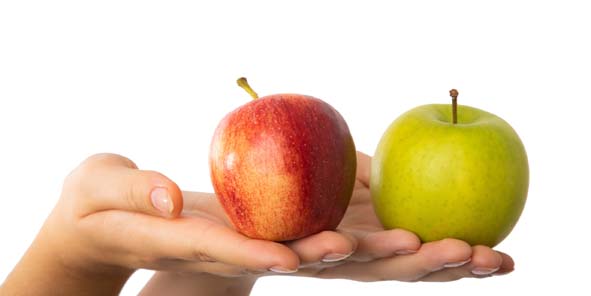 Verschiedene Apfelsorten symbolisieren Implantat-Arten.